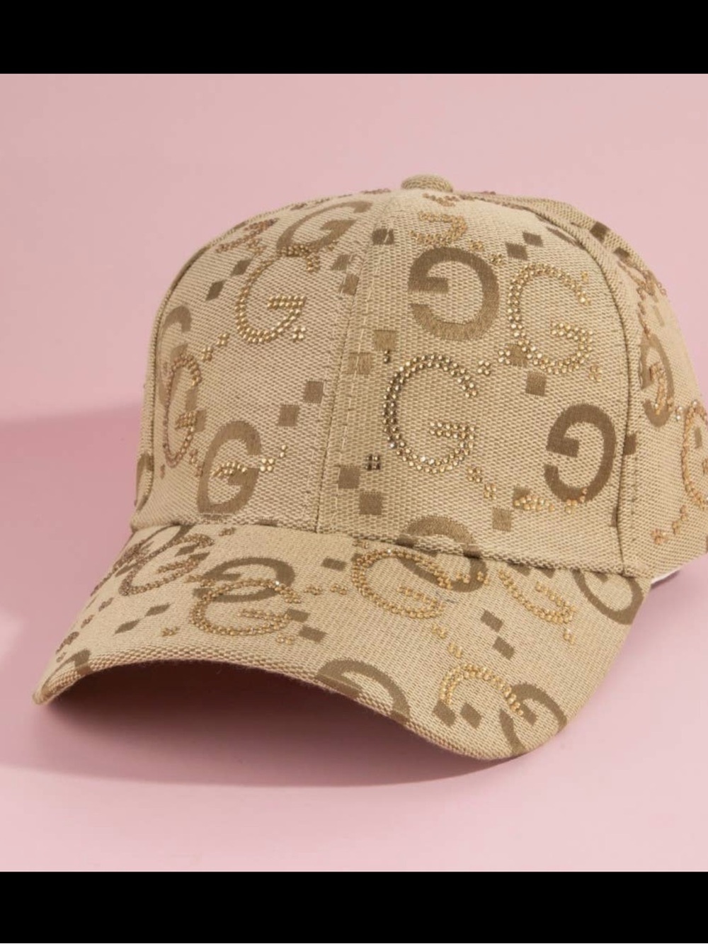 Beige Monogram Baseball Cap with Rhinestone G Accents